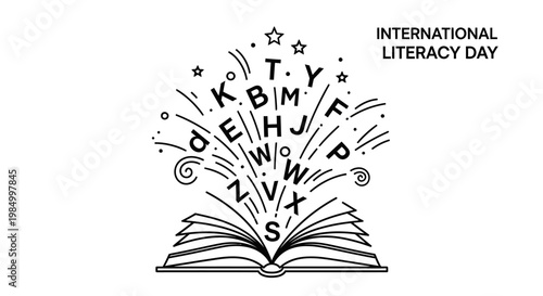 International Literacy Day illustration with open book and flying alphabet letters.