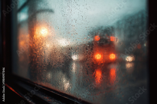 Moody rainy street scene seen through wet window. Abstract blurry impressionistic view. Shallow depth of field.