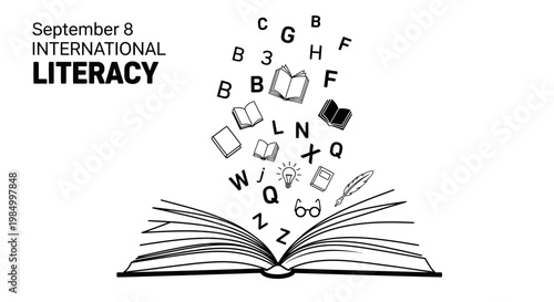 International Literacy Day illustration with an open book and floating letters.