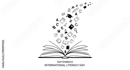 Open book with floating letters and educational icons for International Literacy Day.