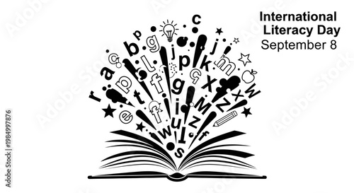 Open book with floating letters and icons for International Literacy Day.