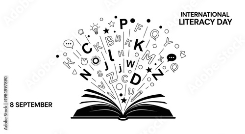 Open book with floating letters and symbols for International Literacy Day celebration.