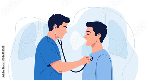 Doctor examines patient's lungs with stethoscope, lung x-ray background