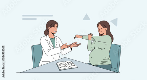 Doctor examines pregnant woman's arm, discussing health and prenatal care at desk