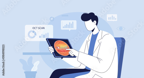 Doctor examining OCT scan results on tablet, medical technology and healthcare concept
