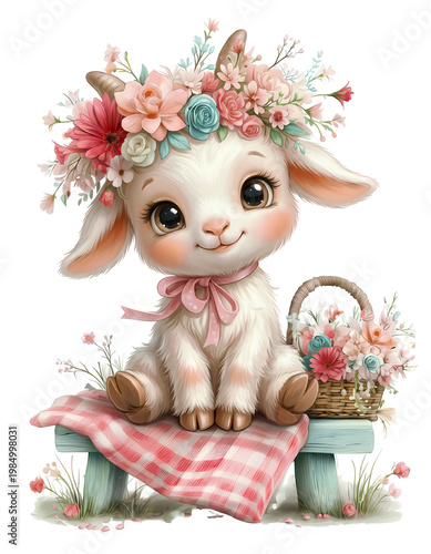cute baby goat in a flower wreath