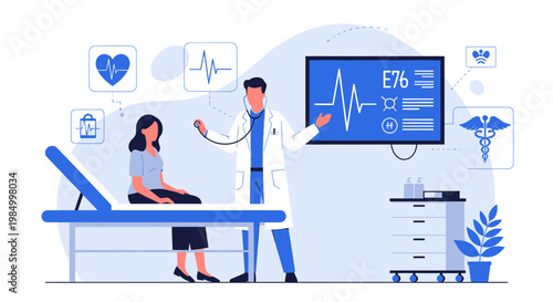 Doctor examining patient with heart monitor display, medical checkup, healthcare concept