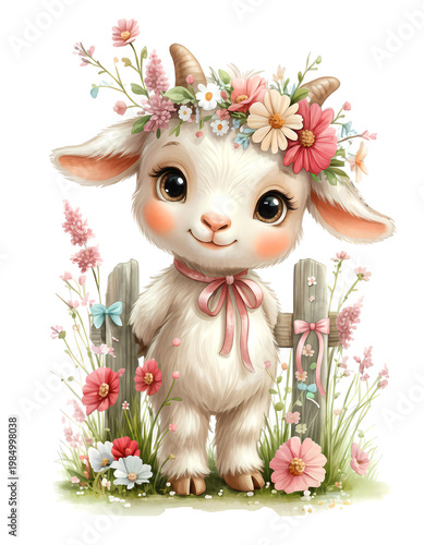 cute baby goat in a flower wreath