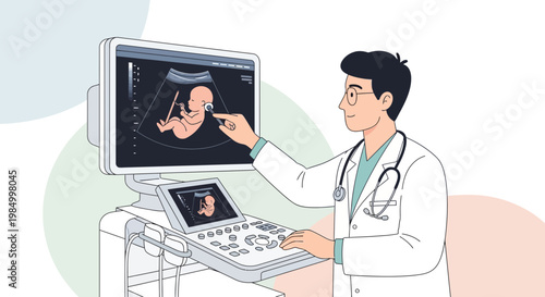 Doctor examines ultrasound scan of fetus on screen, medical technology, pregnancy care