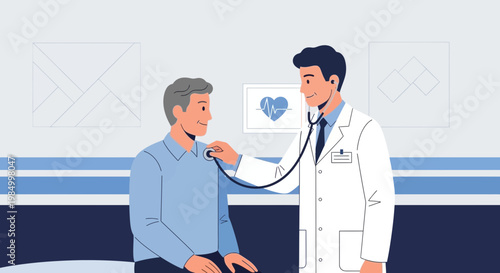 Doctor examining patient with stethoscope, heart health checkup, medical consultation