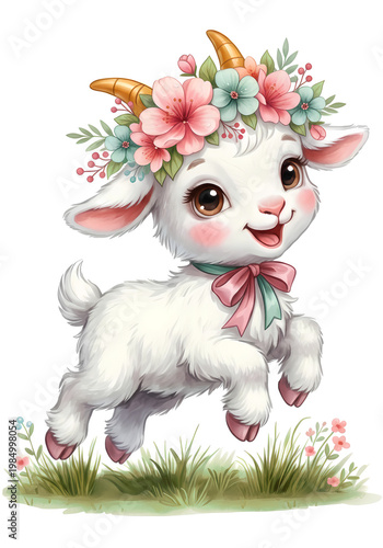 cute baby goat in a flower wreath