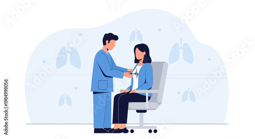 Doctor examining patient with stethoscope, lungs illustration background, medical checkup