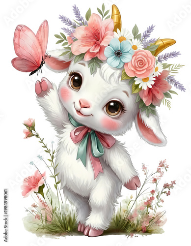 cute baby goat in a flower wreath