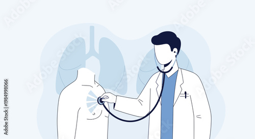 Doctor examining patient's chest with stethoscope, lungs illustration background