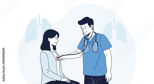 Doctor examining patient's chest with stethoscope, lungs in background