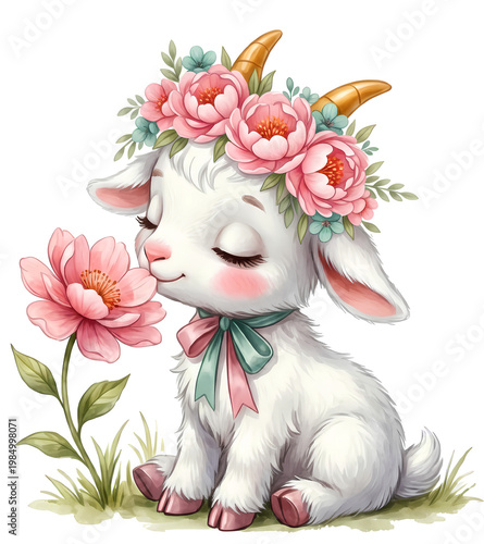 cute baby goat in a flower wreath
