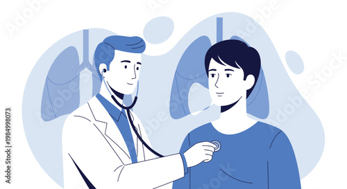 Doctor examining patient's chest with stethoscope, lungs illustration background