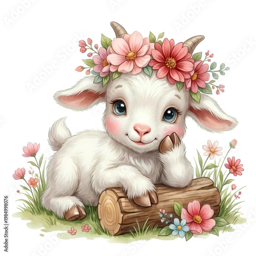 cute baby goat in a flower wreath