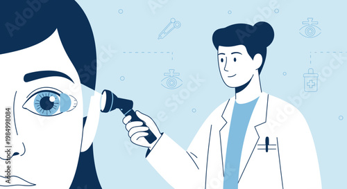 Doctor examining patient's eye with ophthalmoscope, medical check-up, healthcare concept