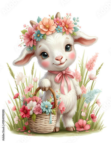 cute baby goat in a flower wreath