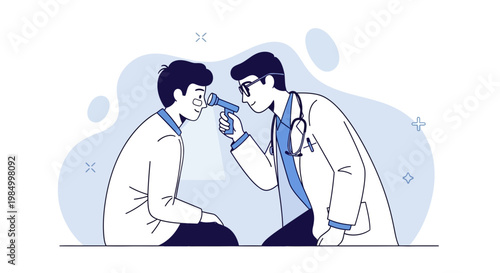 Doctor examining patient's eye with otoscope, medical checkup, healthcare concept