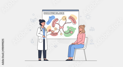 Doctor explains endocrine system balance to patient, medical illustration