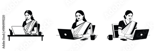 Indian Woman in Saree Working on Laptop – Black and White Vector Illustration of Female Professional, Remote Work, Home Office, and Modern Indian Businesswoman Concept