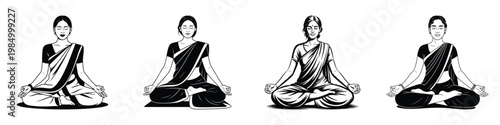 Indian Women in Saree Practicing Yoga Meditation in Lotus Position – Black and White Vector Illustration of Traditional Female Figures Doing Padmasana, Spiritual Wellness and Mindfulness Concept