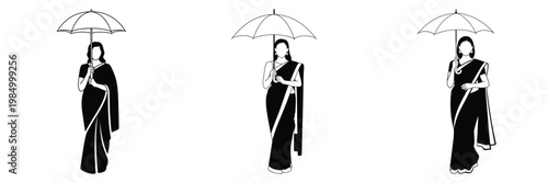 Indian Woman in Saree Holding Umbrella – Black and White Vector Illustration of Traditional Female Character, Monsoon Season Concept, Cultural Artwork Representing Indian Lifestyle and Elegance