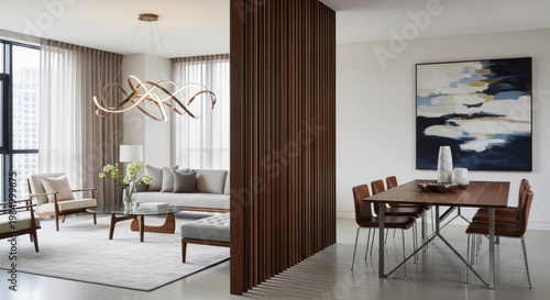 Modern living and dining room interior with contemporary design and decor