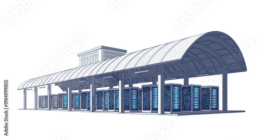 Modern data center with rows of servers under a protective canopy, symbolizing technology and infrastructure.