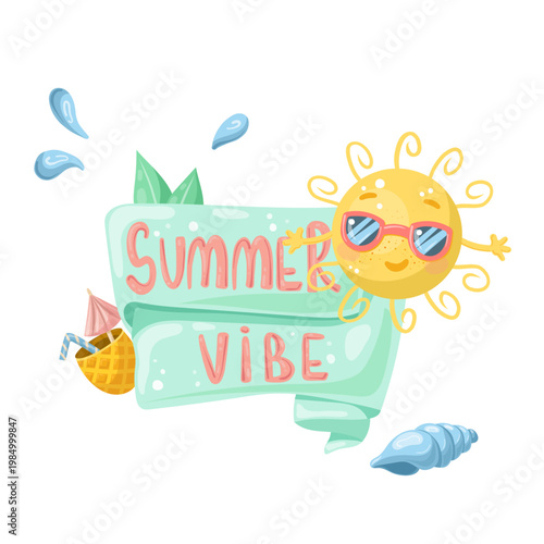 Summer vibe background with cute sun character and tropical elements