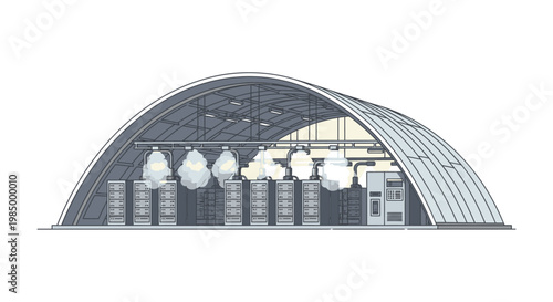 Modern industrial warehouse with a curved roof, showing storage racks and large hanging objects inside.