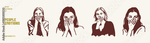People covering mouth secret whisper emotions shy reactions. Illustrations for social themes and storytelling. Hand drawn style drawing with soft outlines.