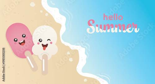 A cheerful summer-themed illustration featuring two cartoon popsicles lying on a sandy beach.