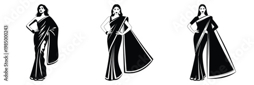 Elegant Indian Woman in Saree – Black and White Fashion Illustration of Traditional Female Silhouette, Stylish Woman Wearing Saree, Vector Drawing of Indian Ethnic Attire