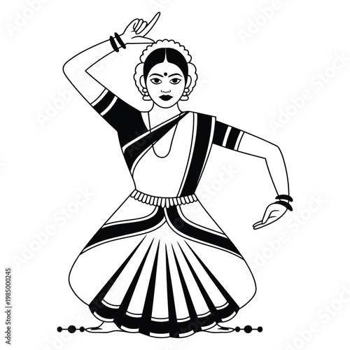 Indian Classical Dancer in Traditional Costume – Black and White Vector Illustration of Bharatanatyam Woman Performing Dance Pose, Cultural Art of India with Graceful Expression and Movement
