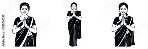 Indian Woman Greeting with Namaste – Black and White Vector Illustration of Traditional Female in Saree Showing Respect and Welcome Gesture, Cultural Symbol of Hospitality and Peace