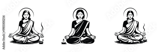 Peaceful Indian Woman Meditating in Lotus Pose – Black and White Vector Illustration of Female Yoga and Mindfulness, Traditional Spiritual Meditation with Oil Lamp and Calm Expression