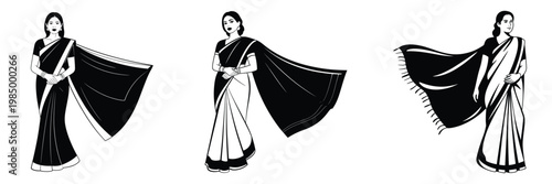 Elegant Indian Woman in Flowing Saree – Black and White Vector Illustration of Traditional Female Fashion, Graceful Woman Posing in Ethnic Attire with Draped Saree and Confident Expression