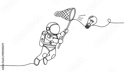 Astronaut catching idea light bulb continuous line vector