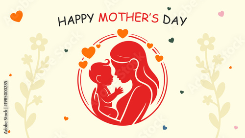 Happy Mother's Day Greeting with Red Mother and Baby Silhouette, Minimalist Motherhood Illustration with Hearts and Floral Elements, Maternal Love Vector Design for Mother's Day Card or Banner, Simple