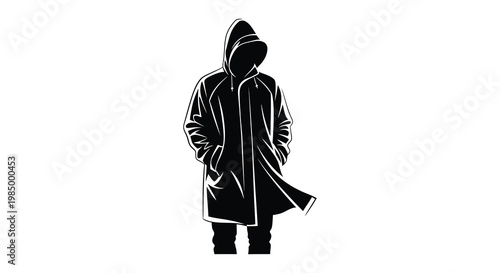 A hooded figure stands facing forward depicted as a striking black silhouette