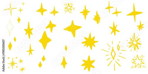 Yellow chalk crayon doodle stars set. Shine and sparkle hand drawn drawing golden element. Children style vector. Grunge texture star shapes.