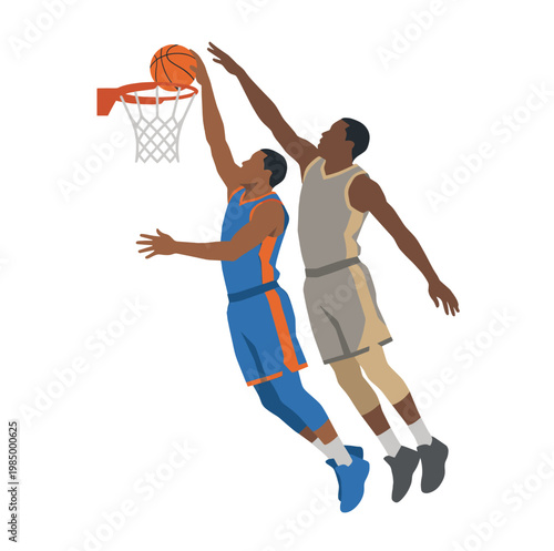 Basketball players competing in intense dunking action on isolated white background