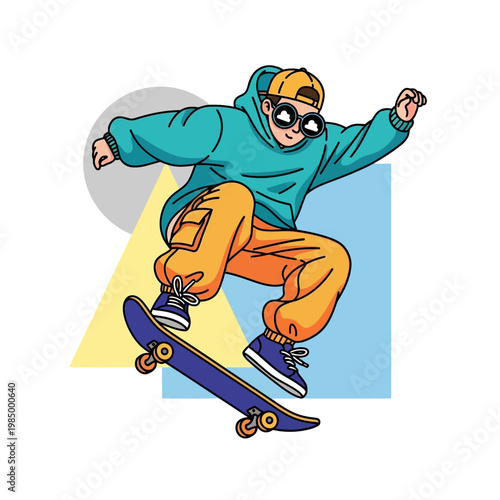 Teenager on skateboard in air.