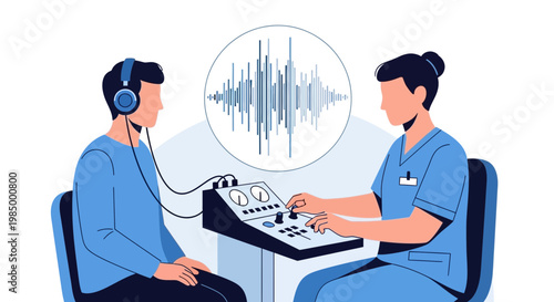 Audiologist performing hearing test on patient with headphones and audiometer