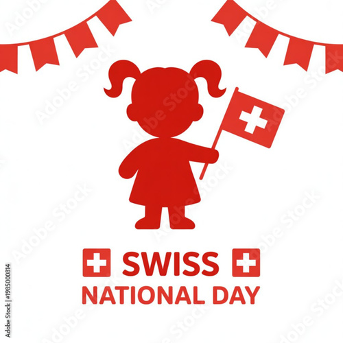 A vector graphic illustration of a little girl holding a Swiss flag on Swiss National Day