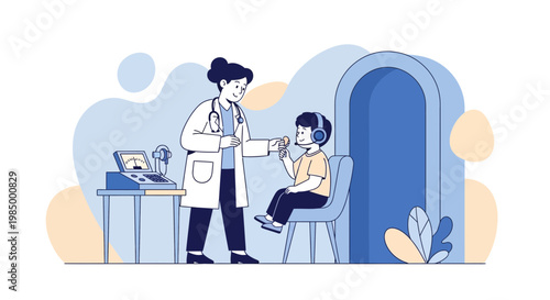 Audiologist performs hearing test on child wearing headphones in soundproof booth