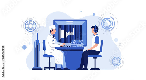 Audiologist performs hearing test on patient wearing headphones in clinic, medical examination